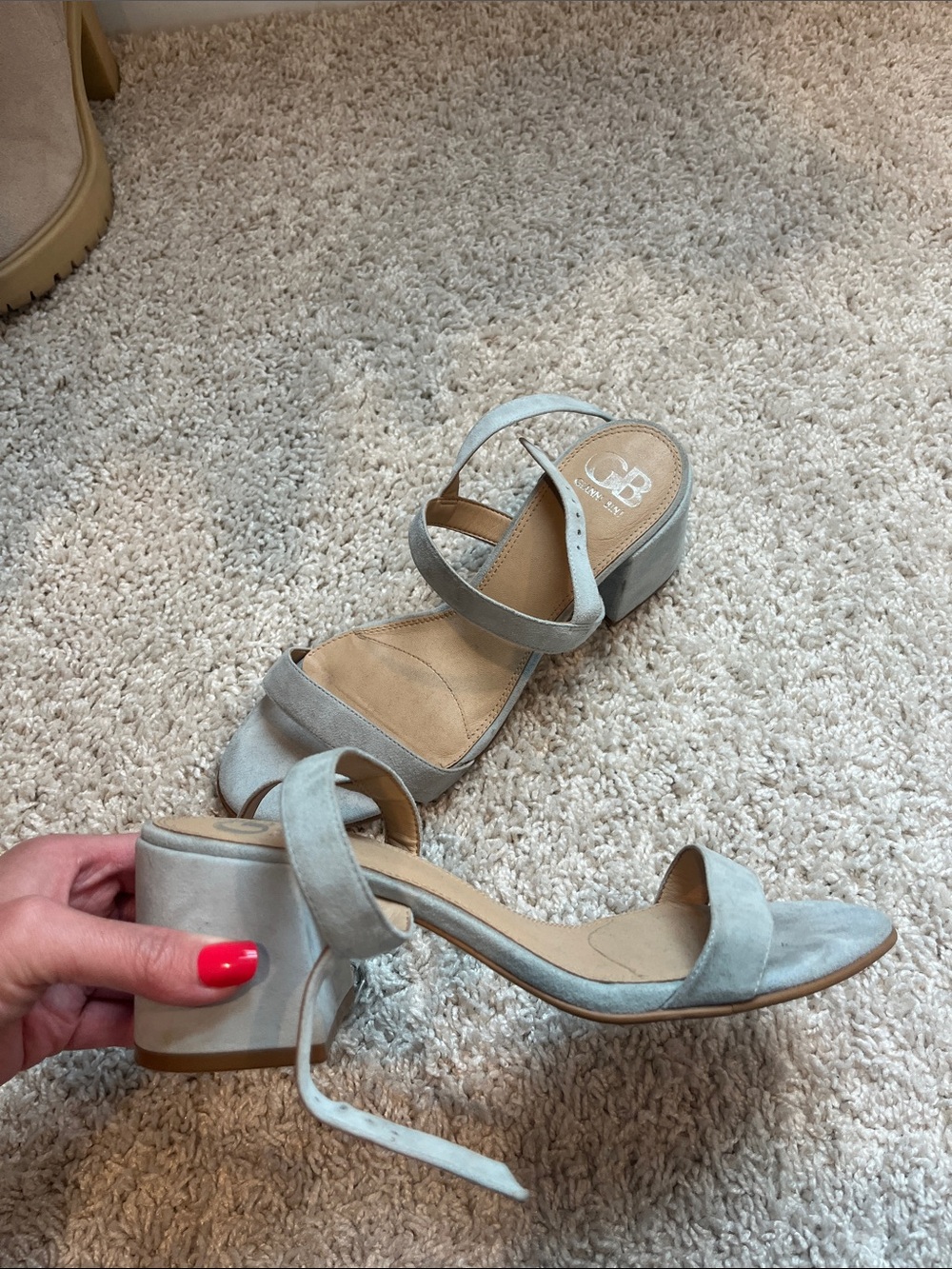Gianni Bini Light Gray Suede Block Heel Sandals with Ankle Strap
